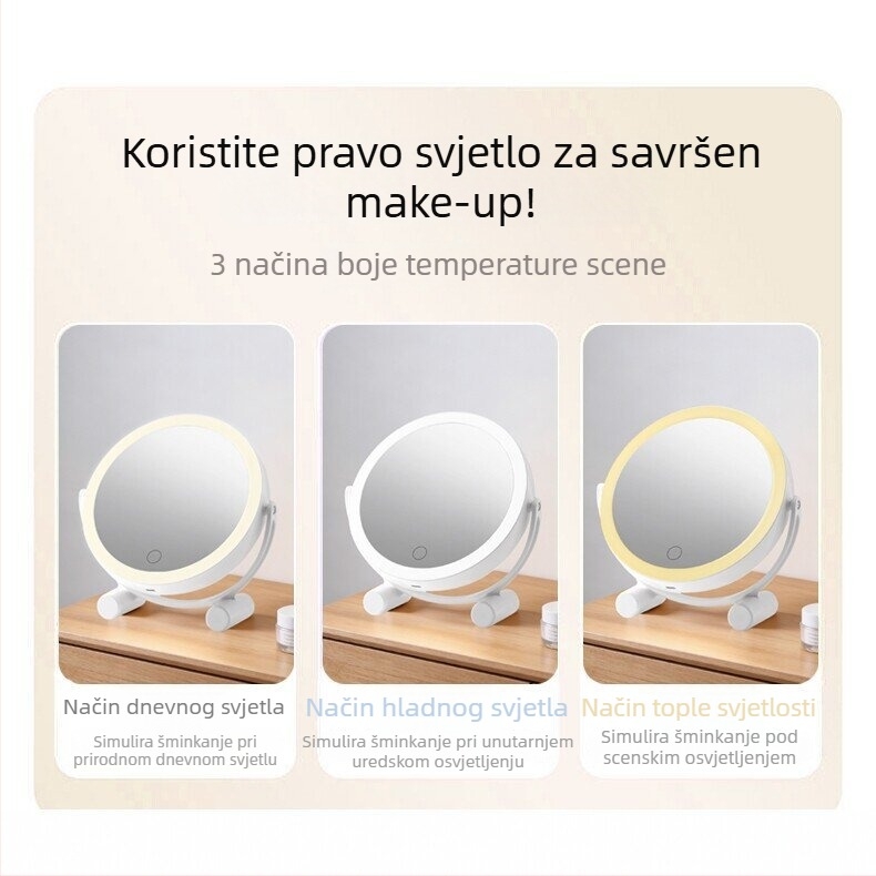 LED ogledalo za šminku sa svjetlom, 360° dvostrano okretno, promjenjiva svjetlina, prijenosno stolno ogledalo