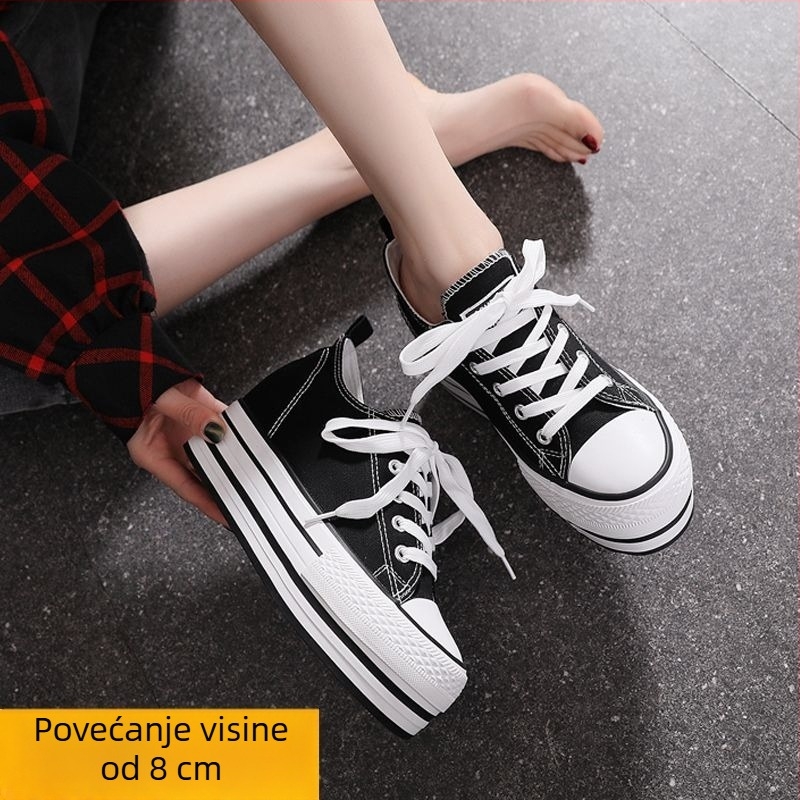 8 cm skriveno podizanje visine - platnene tenisice za žene, proljeće 2025 novi model, debeli potplat, bijele, svestrane casual tenisice