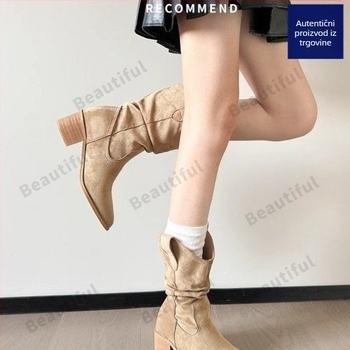 Ženske Martin čizme s debelim petom, velur, retro stil, V-izrez na gornjem dijelu i oštar vrh, plisirane čizme, kratke čizme