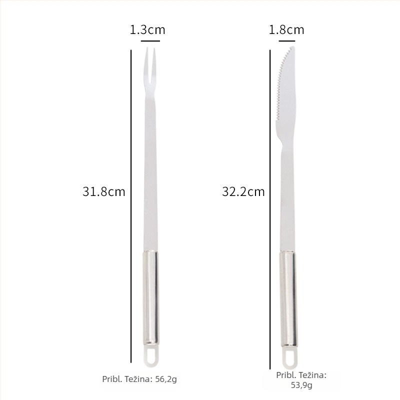 Set noževa i vilica za roštilj od nehrđajućeg čelika s drvenim drškama i dugim drškama