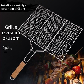 Pravokutni grill mreža set s debelim rešetkama za pečenje piletine i ribe, drška od drveta