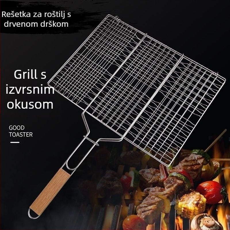 Pravokutni grill mreža set s debelim rešetkama za pečenje piletine i ribe, drška od drveta