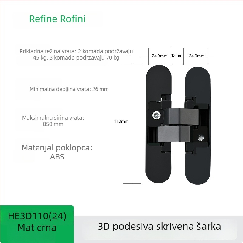 Trodimenzionalno prilagodljiva skrivena šarka za vrata, za klizna i sklopiva vrata, cinkova legura, izdržljiva i tiha