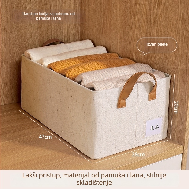 Kutija za pohranu od pamuka i lana za odjeću, organizator garderobe, kutija u stilu ladice, sklopiva, 47×28×20 cm (20–30 L)
