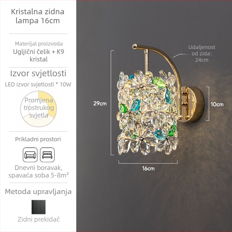 Francuskog stila kristalna cvjetna zidna lampica uz krevet