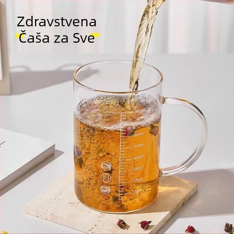 Šalica od borosilikatnog stakla sa poklopcem, mjernom skalom i držačem, za ured i dom.