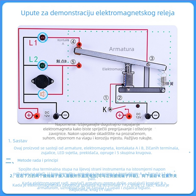 Ploča za demonstraciju elektromagnetnog releja za nastavu fizike — krugovi normalno otvoreni i normalno zatvoreni