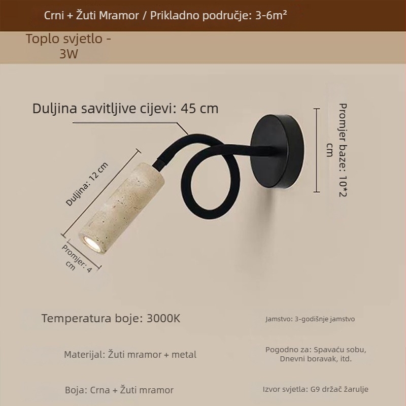 Žuta travertinska zidna lampa za studijsku sobu, wabi-sabi stil, podesiva