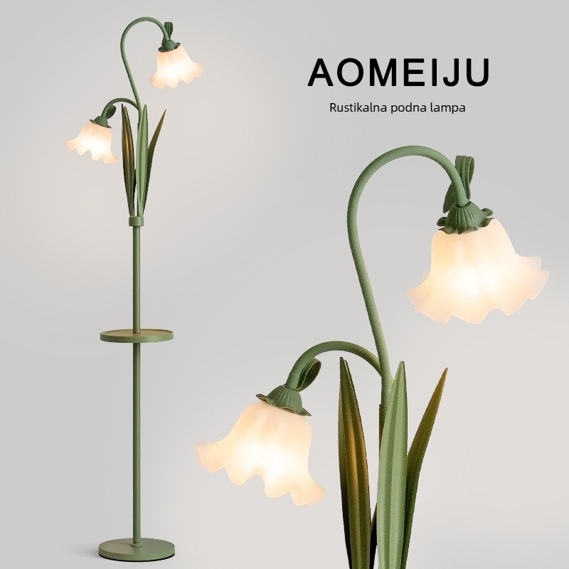 Francuska krem boja podna lampa sa policom, atmosfera za dnevni boravak i spavaću sobu, Lily of the Valley cvijet