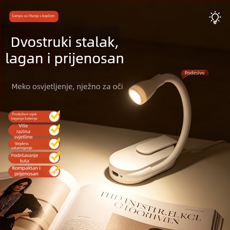 USB punjiva stolna lampa s klipsom, dvostruka upotreba, nježna LED svjetlost za zaštitu očiju, noćna svjetiljka za čitanje i učenje