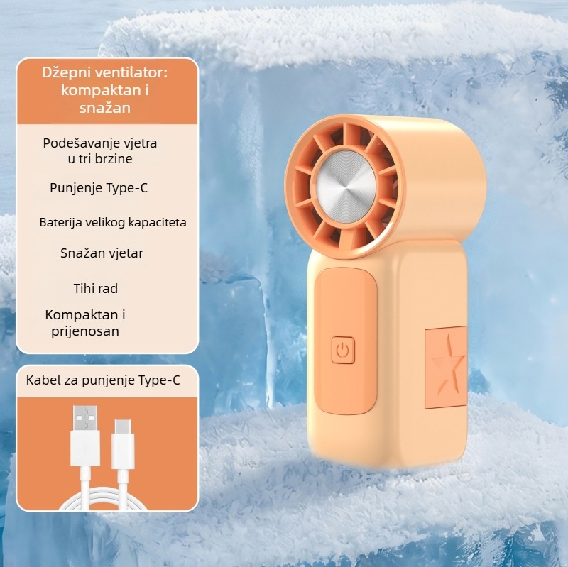 Prenosni ručni mini ventilator s USB punjenjem, snažan protok zraka, 5 lopatica, ugrađena baterija
