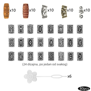 Set DIY za kosu: aksesoari s metalnim perlicama, imitacijskim drvenim perlicama, savijenim cijevima od legure, opružne perle s Viking runama za kosu