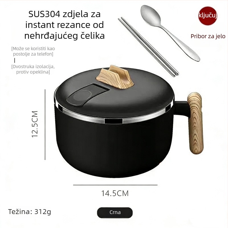 304 nehrđajući čelik zdjela za instantnu nudle, velika zapremina, s poklopcem, odvod, izolirana kutija za ručak