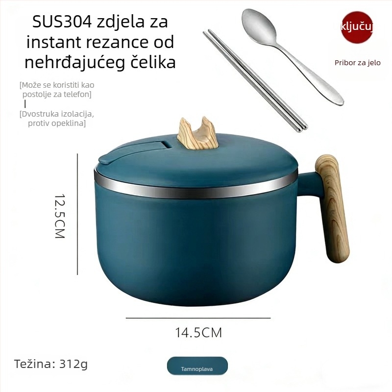 304 nehrđajući čelik zdjela za instantnu nudle, velika zapremina, s poklopcem, odvod, izolirana kutija za ručak