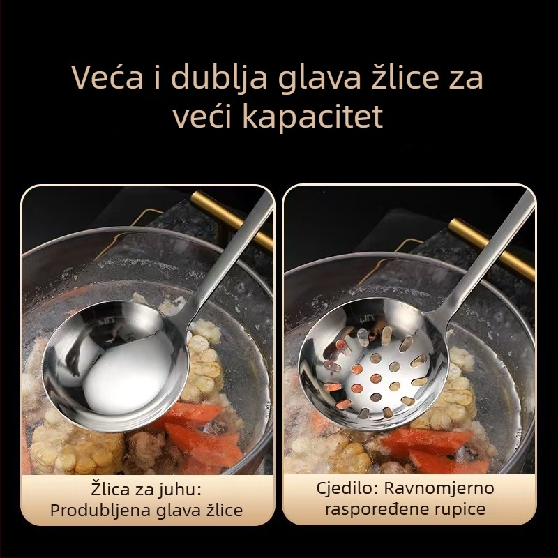 Žlica za juhu od nehrđajućeg čelika, duga drška, s ugrađenim cjedilom za hot pot