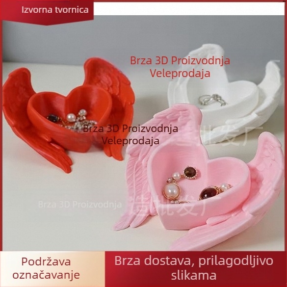 3D ispisan ružičasti organizator za stol s motivom srca i krila, ukras za nakit