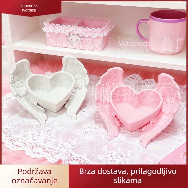 3D ispisan ružičasti organizator za stol s motivom srca i krila, ukras za nakit