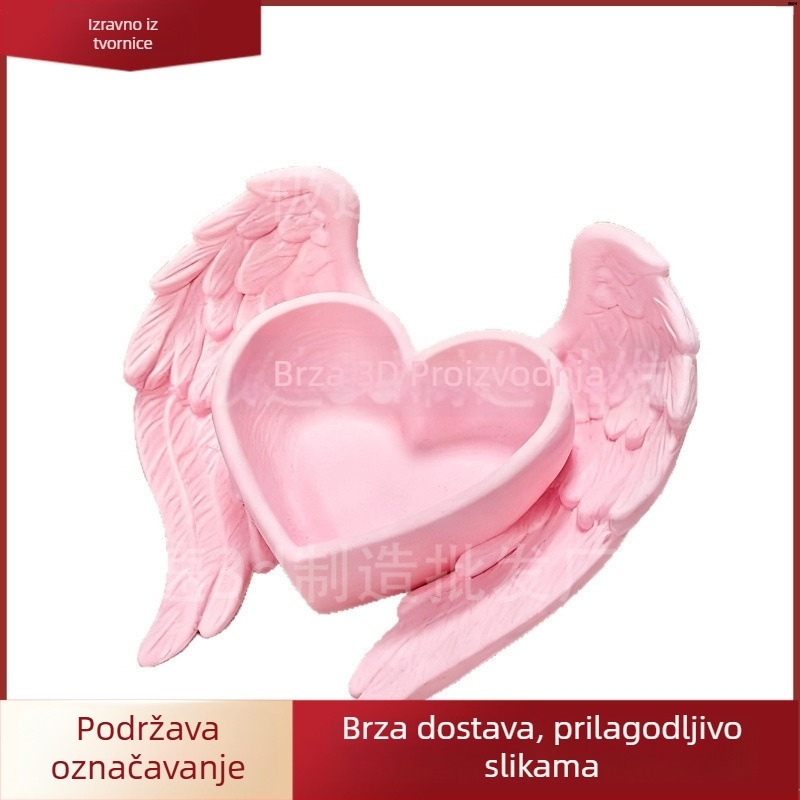 3D ispisan ružičasti organizator za stol s motivom srca i krila, ukras za nakit