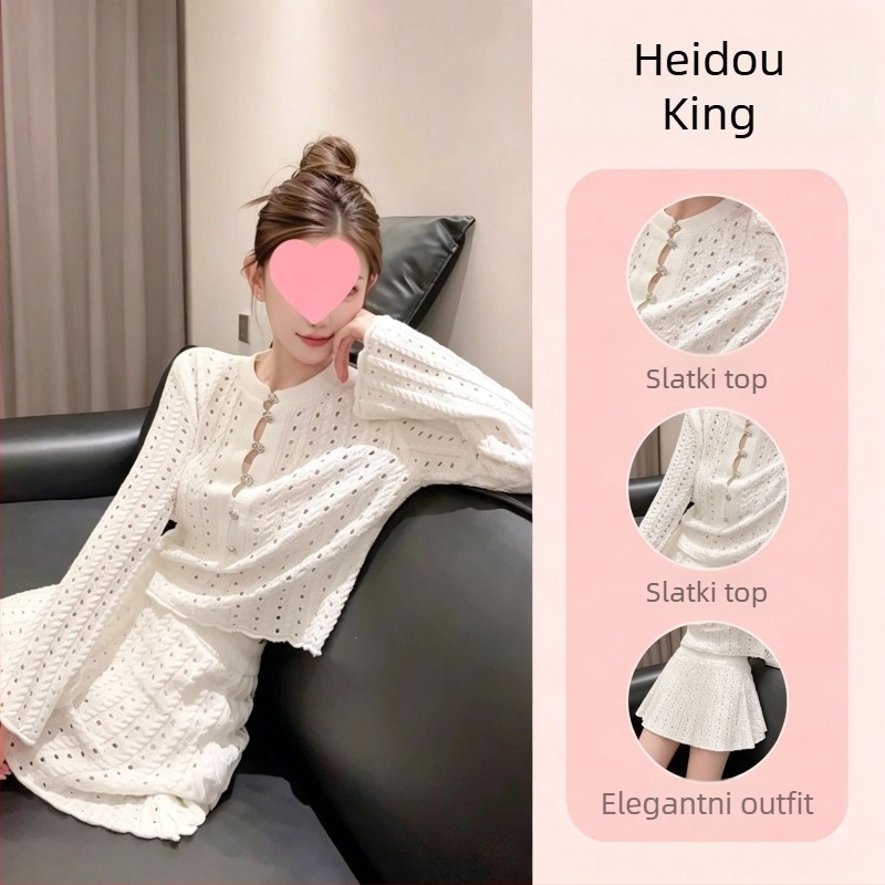 Ženski dvodjelni set: Bluza s prorezima od pletenine i suknja u francuskom stilu za rano jesen