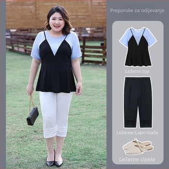 Plus-size ženske ljetne casual hlače, 2026, visoka struka, elastični pojas, vizualno stanjivanje figure, 3/4 dužina