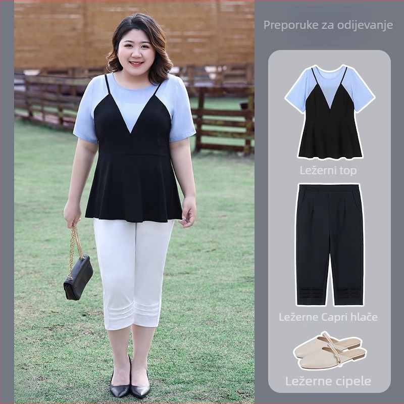 Plus-size ženske ljetne casual hlače, 2026, visoka struka, elastični pojas, vizualno stanjivanje figure, 3/4 dužina