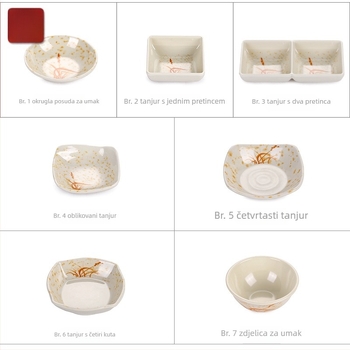 A5 set melamin posuđa s cvjetnim uzorkom, izgled porculana, promjer 14 cm; uključuje zdjelicu za umak, zdjelicu za ocat, zdjelicu za ulje, zdjelicu za užinu i malu zdjelicu za degustaciju
