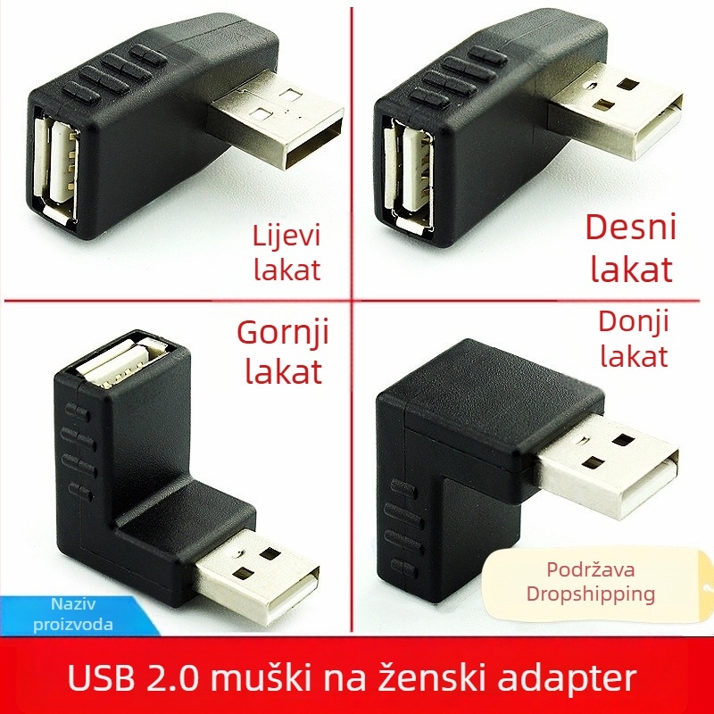 USB 2.0 muški na ženski adapter, 90° kut, produžni kabel za podatke