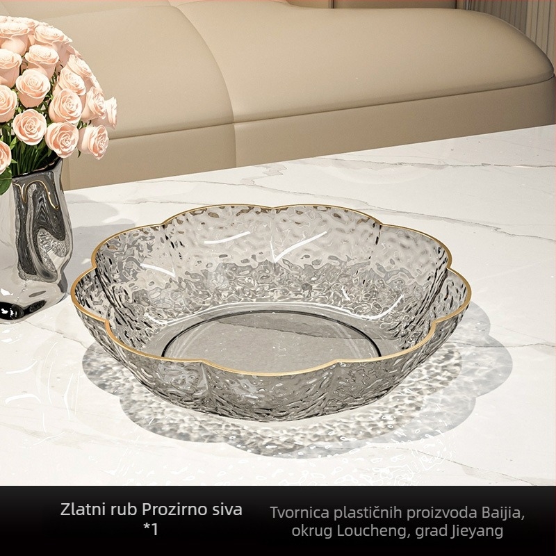 Prozirni plastični pladanj za voće s blagim luksuznim uzorkom, elegantno posuđe za užine i deserte kod kuće.