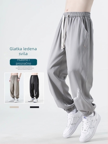 Muške Ice Silk jogger hlače, ljeto 2025, tanke, brzo sušeće, opuštenog kroja, kraćih nogavica, srednji pojas, bez remena, print s slovima, elastan, poliester