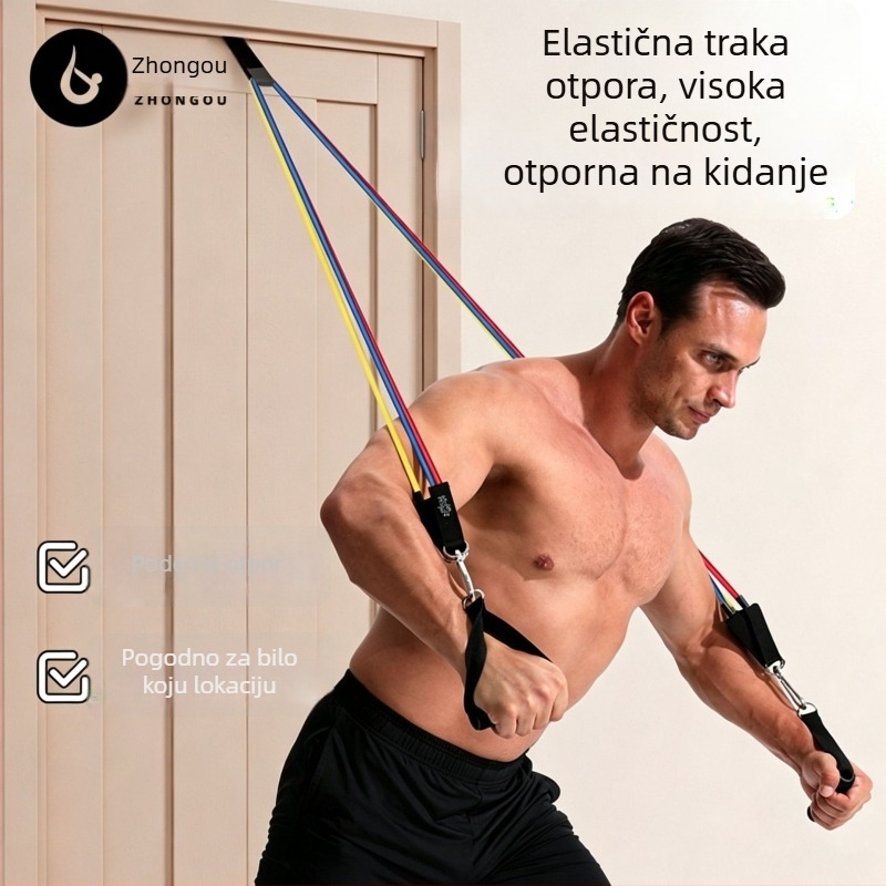 Kućni set otpora za trening leđa i prsa, s dvije elastične trake od 15 lb (žuta) i 20 lb (crvena), kuka za vrata, prsten za stopalo i torba za nošenje