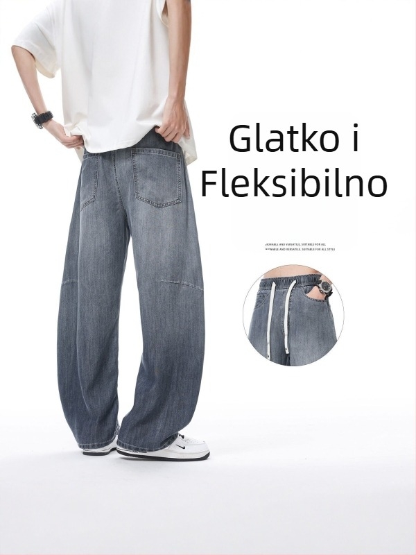 Muške ljetne Ice Silk traperice s zakrivljenim krojem, opuštene, ravne široke nogavice, tanke, visoka elastičnost, casual hlače, model 2026