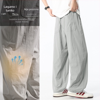 Muške casual hlače s ravnim krojem od Ice Silk tkanine, hongkonškog stila, opuštene široke nogavice, dišuće, rastezljive, duge ljetne hlače