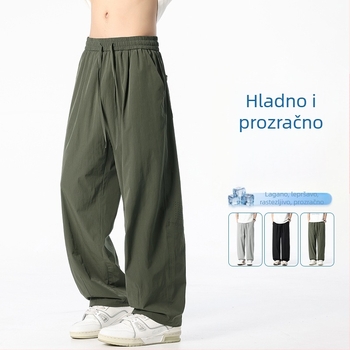 Muške casual hlače s ravnim krojem od Ice Silk tkanine, hongkonškog stila, opuštene široke nogavice, dišuće, rastezljive, duge ljetne hlače