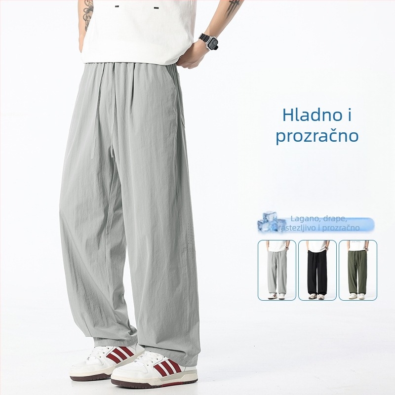 Muške casual hlače s ravnim krojem od Ice Silk tkanine, hongkonškog stila, opuštene široke nogavice, dišuće, rastezljive, duge ljetne hlače