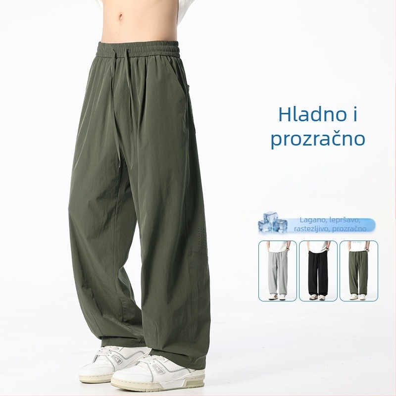 Muške casual hlače s ravnim krojem od Ice Silk tkanine, hongkonškog stila, opuštene široke nogavice, dišuće, rastezljive, duge ljetne hlače