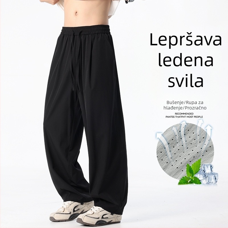 Muške casual hlače s ravnim krojem od Ice Silk tkanine, hongkonškog stila, opuštene široke nogavice, dišuće, rastezljive, duge ljetne hlače
