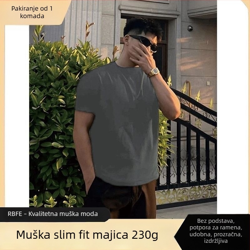 Muška fitness majica s teškim američkim stilom, Slim-fit, kratkim rukavom, crna, ljeto.