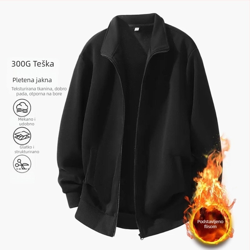 Muški jakna s zipom i stojećim ovratnikom, casual kardigan stil, jednobojna, dugi rukavi, bočni džepovi, poliester
