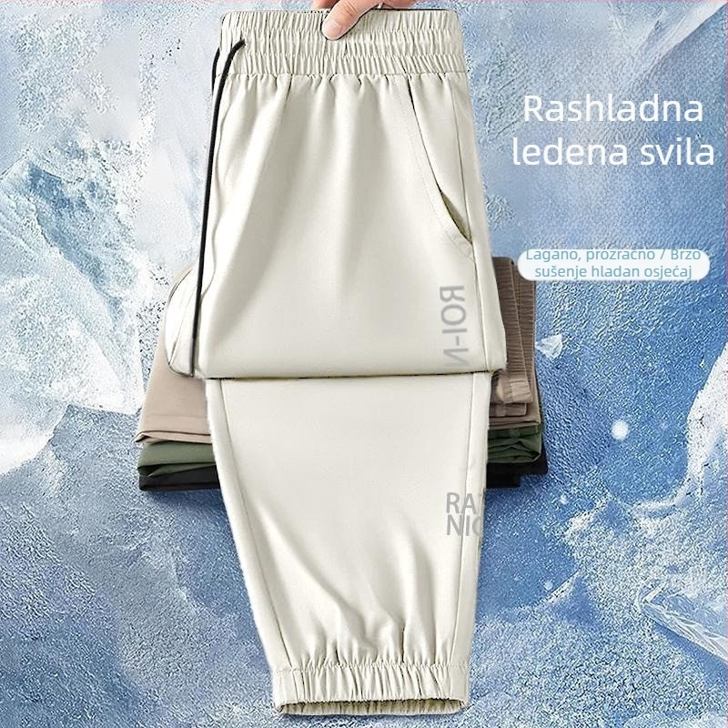 Muške ljetne hlače od ice silk, tanke i široke, duge, casual hlače s jogger krojem, brzo se suše