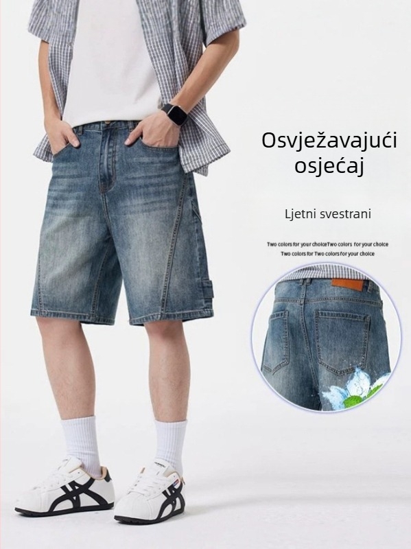 Shanggu muške traper hlače kratke, ravni kroj, ljeto lagano, vintage patchwork, pet džepova