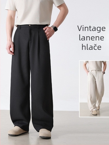 Muške casual hlače od lanene mješavine, stil Old Money, lagane ljetne, ravni kroj s dvostrukim plisiranjima, opuštena široka silueta