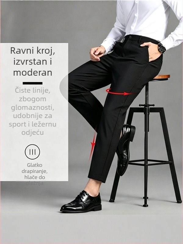 Muške hlače do gležnja, ravni kroj, uski siluetu, poslovni stil, mekani pad, elastične, bez glađenja, za proljeće i jesen