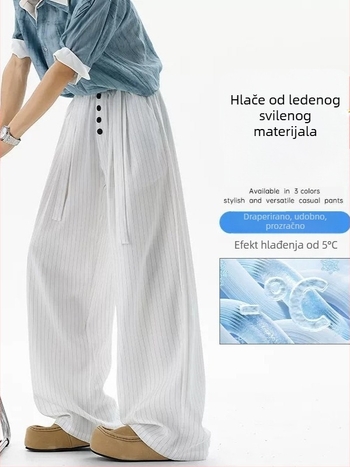 Muške hlače s prugama od Ice Silk, ljeto, lagane, širokih nogavica, srednji pojas, s remenom