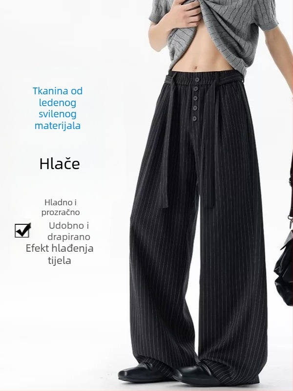 Muške hlače s prugama od Ice Silk, ljeto, lagane, širokih nogavica, srednji pojas, s remenom