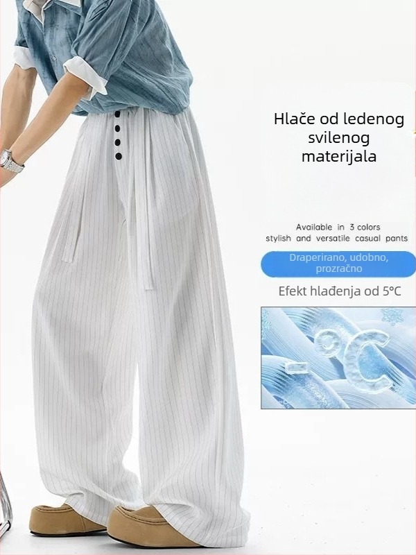 Muške hlače s prugama od Ice Silk, ljeto, lagane, širokih nogavica, srednji pojas, s remenom