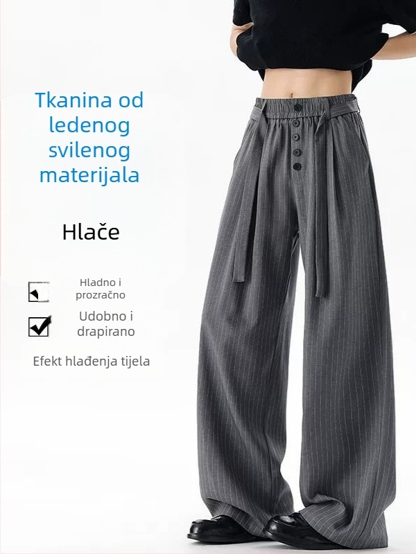 Muške hlače s prugama od Ice Silk, ljeto, lagane, širokih nogavica, srednji pojas, s remenom