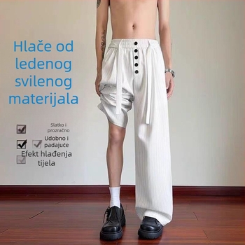 Muške prugaste ljetne tanke hlače od ice-silk tkanine, širokih nogavica i premijelnog drapiranja