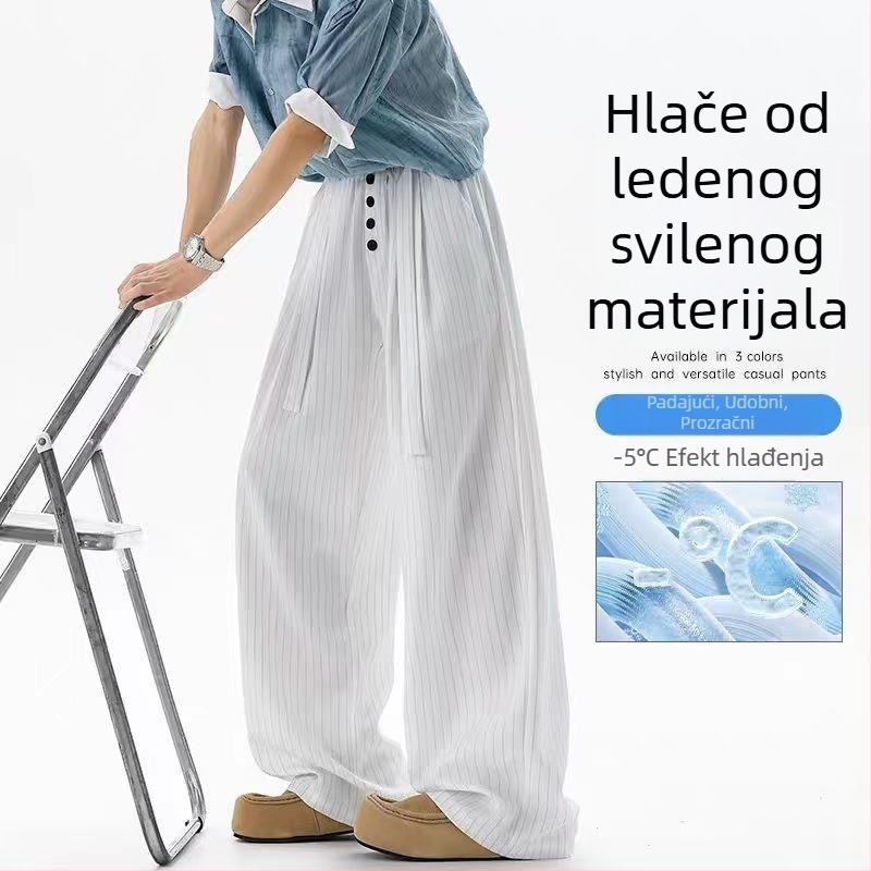 Muške prugaste ljetne tanke hlače od ice-silk tkanine, širokih nogavica i premijelnog drapiranja
