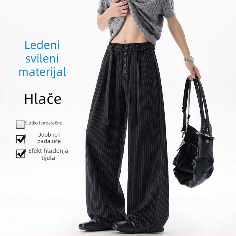 Muške prugaste ljetne tanke hlače od ice-silk tkanine, širokih nogavica i premijelnog drapiranja