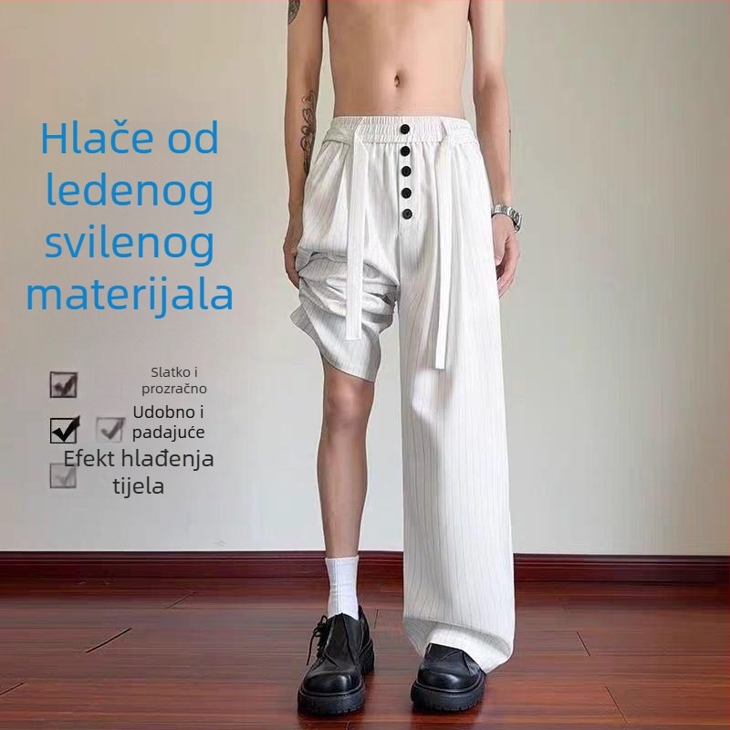 Muške prugaste ljetne tanke hlače od ice-silk tkanine, širokih nogavica i premijelnog drapiranja